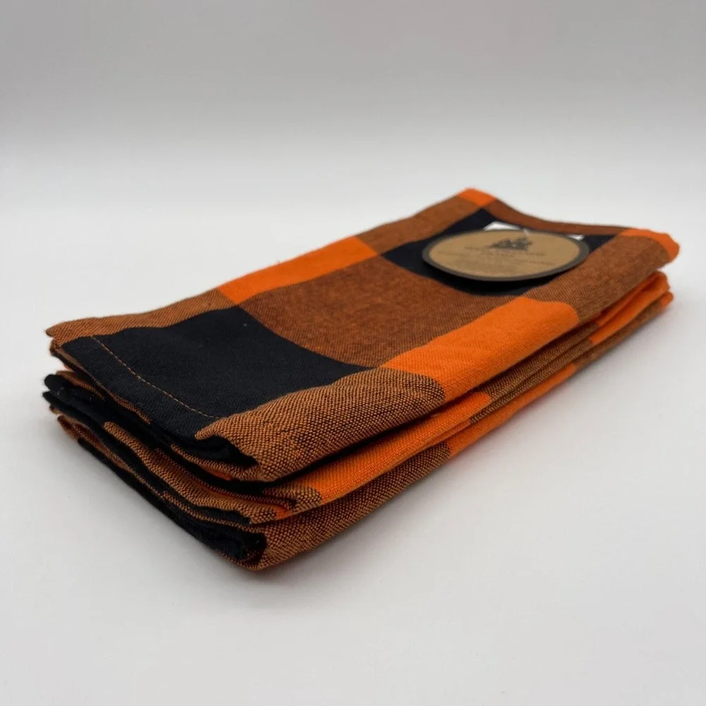 Well Dressed‎ Home Fall Black & Orange Plaid Tablecloth and 12 Napkins Set